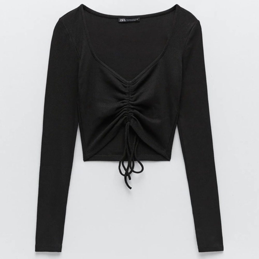 Zara Long Sleeve Ribbed Cinched Tie Front Crop Top, Black